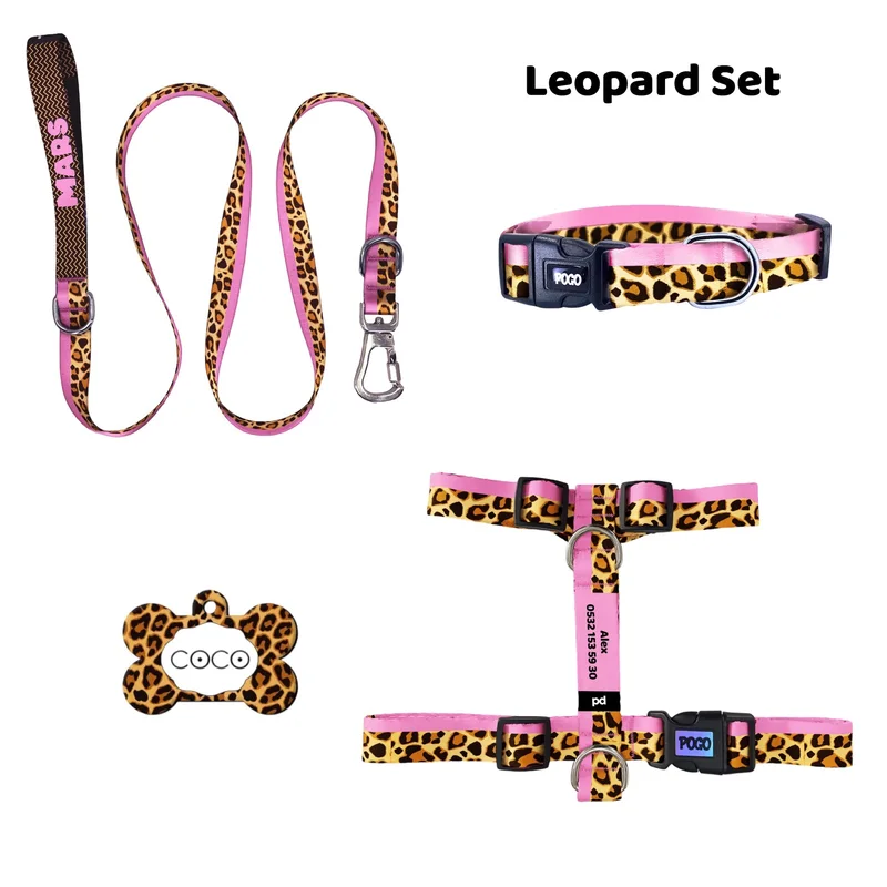 Leopard Pembe gerçek TagsForever tasma ve künye seti